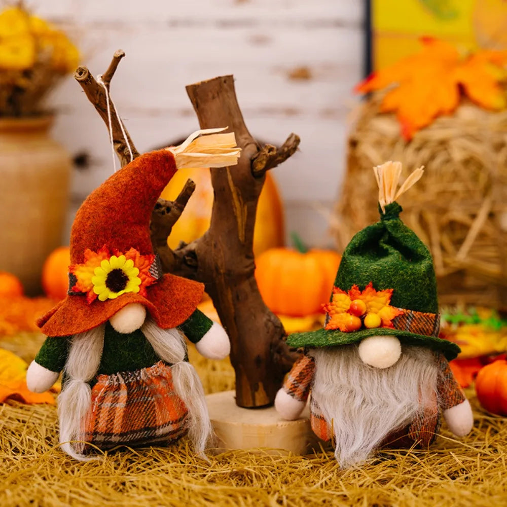 Two festive gnomes with autumn-themed hats and decorations on a hay background.