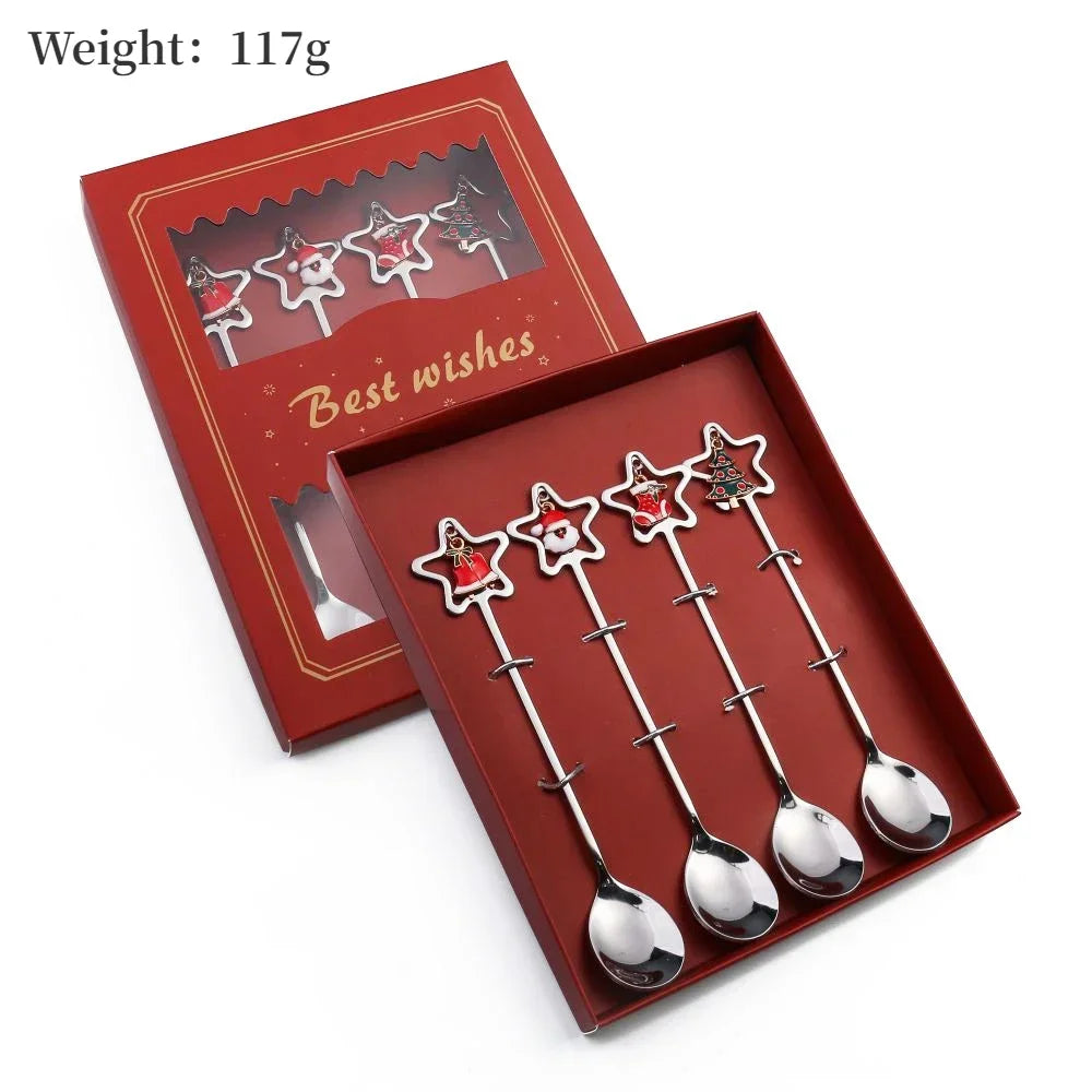 Set of four star-shaped spoons in a red box with 'Best wishes' text, weight 117g.