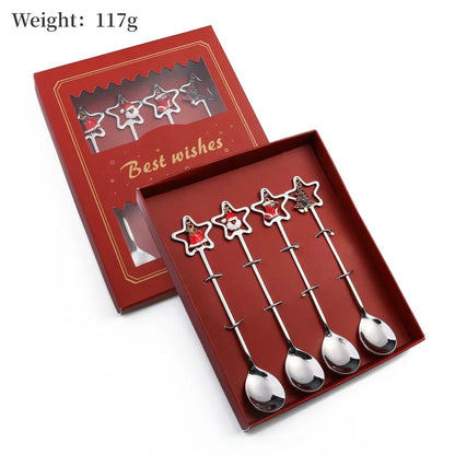 Set of four star-shaped spoons in a red box with 'Best wishes' text, weight 117g.