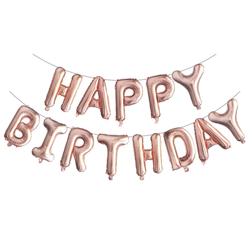 Rose gold 'Happy Birthday' balloon banner on a white background