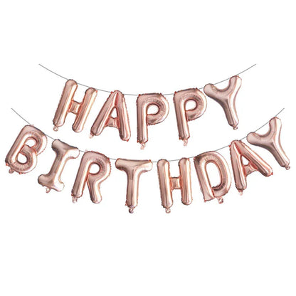 Rose gold 'Happy Birthday' balloon banner on a white background