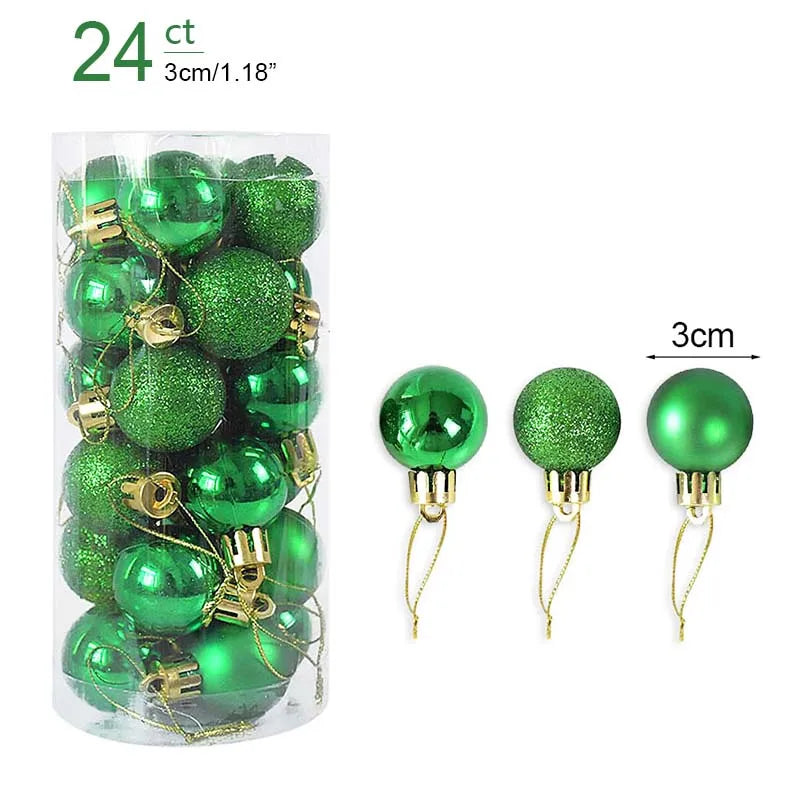 Green Christmas ornaments with gold hooks in a clear packaging tube, showing measurement details.