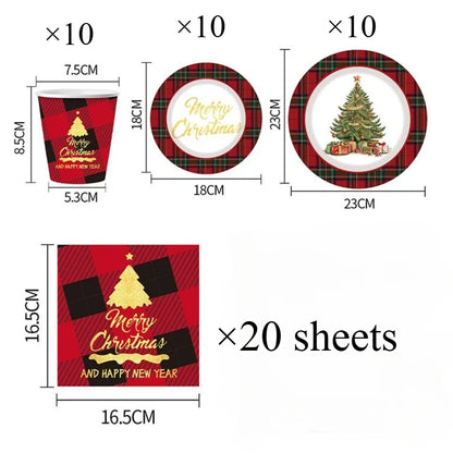 Christmas-themed paper products with dimensions and quantities on a white background