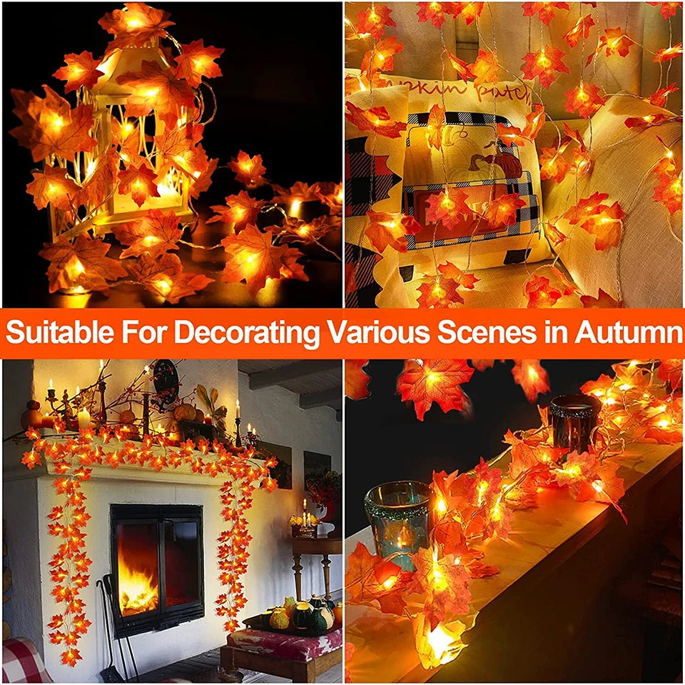 Decorative string lights with autumn leaves in various settings