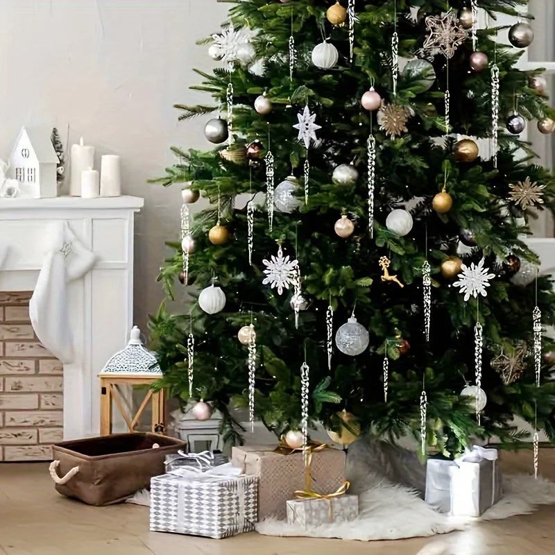 Decorated Christmas tree with ornaments and presents in a festive room.