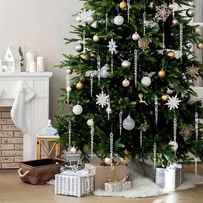 Decorated Christmas tree with ornaments and presents in a festive room.