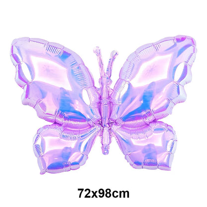 Iridescent butterfly-shaped balloon with dimensions 72x98cm on a white background