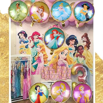 Disney princess balloons and costumes in a store setting