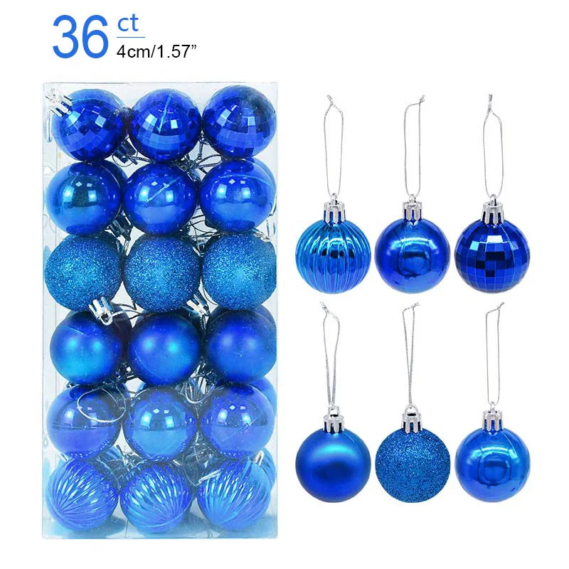 Pack of blue Christmas ornaments with packaging and close-up views.