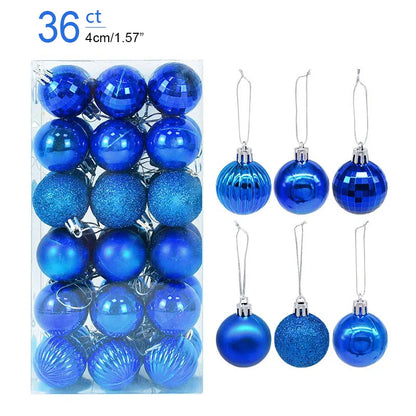 Pack of blue Christmas ornaments with packaging and close-up views.