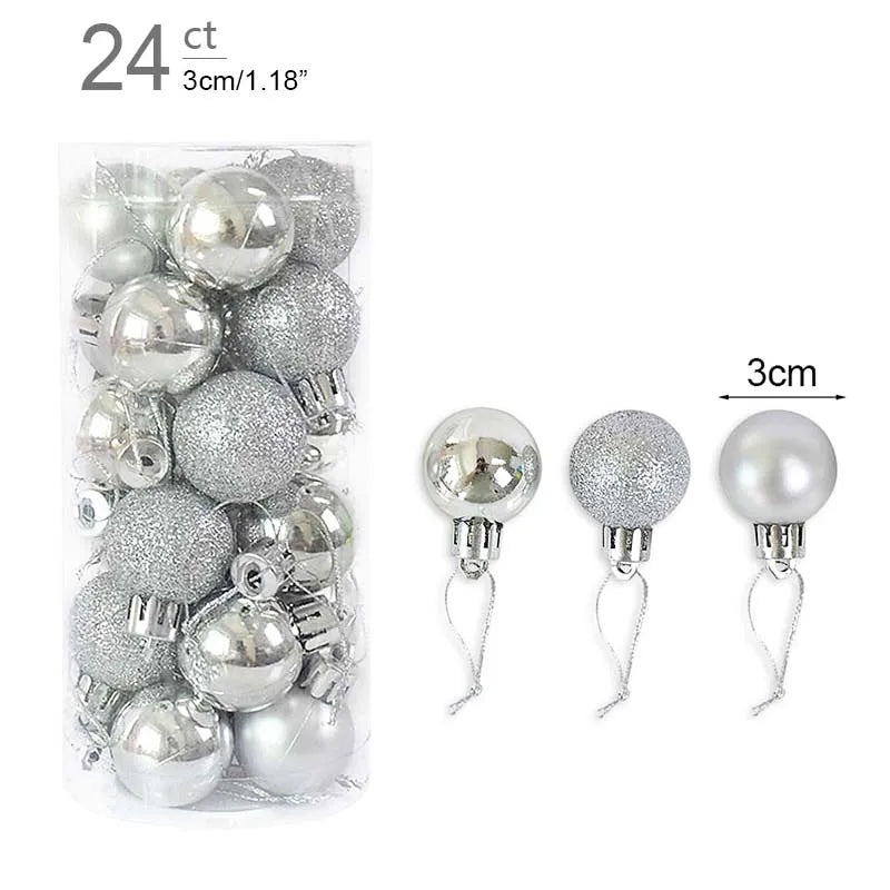 Packaging of silver Christmas ornaments with measurement details on a white background
