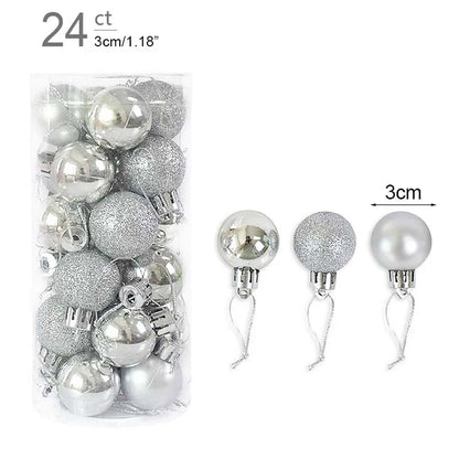 Packaging of silver Christmas ornaments with measurement details on a white background