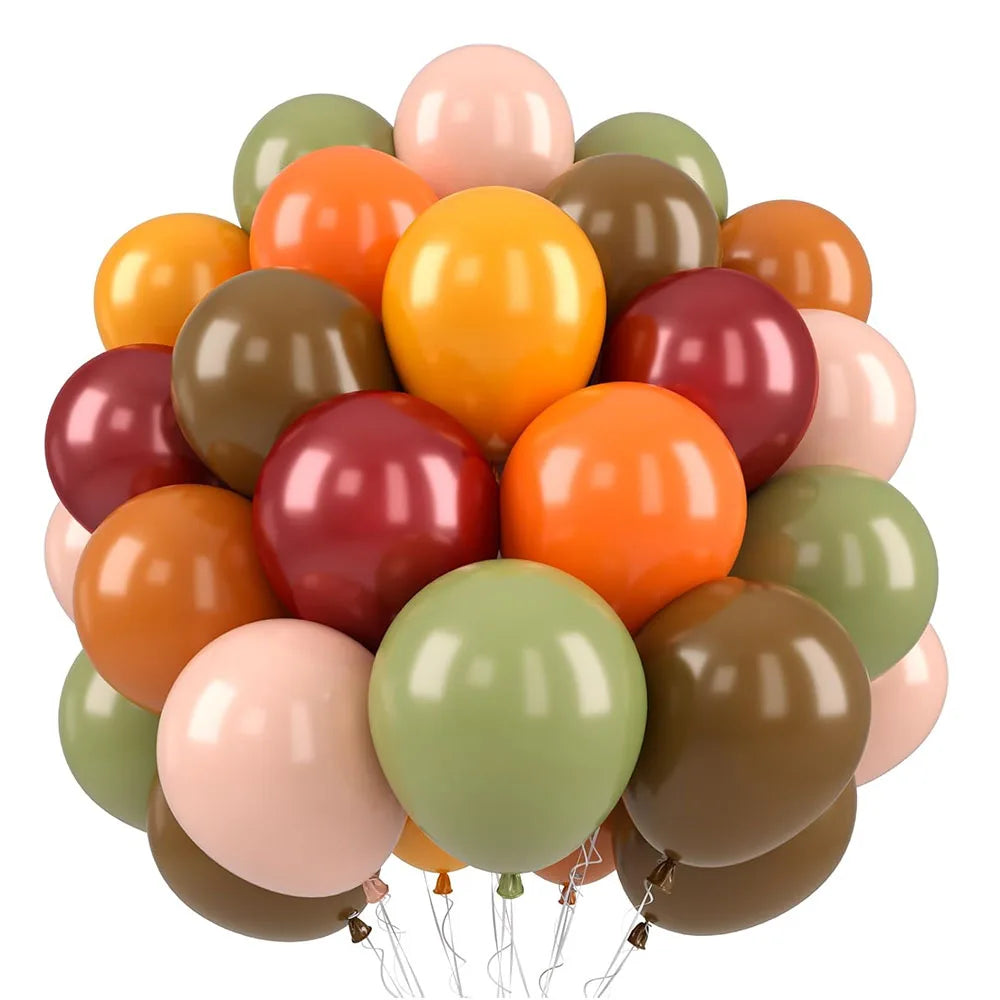 Bouquet of multicolored balloons including orange, green, brown, and pink on a white background