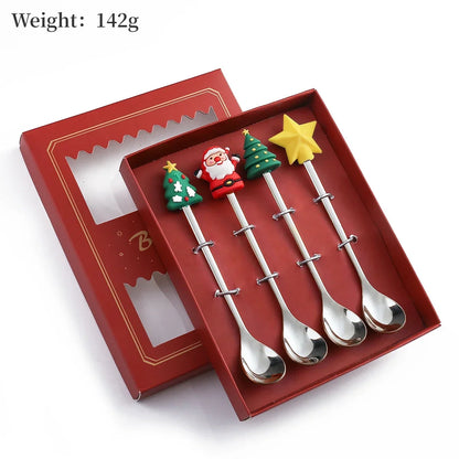 Set of four Christmas-themed spoons in a red box with a weight label.