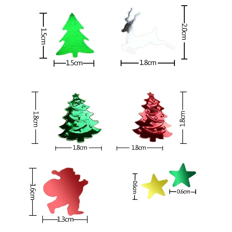 Measurements of various Christmas-themed decorations including trees, a star, and a reindeer on a white background.