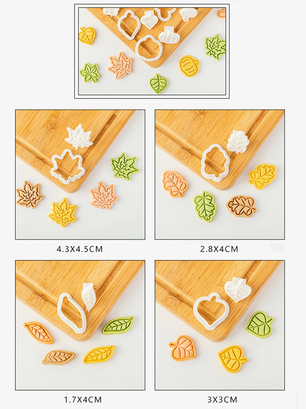 Set of colorful leaf-shaped cookie cutters on a wooden board with measurements.