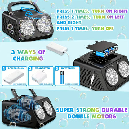 Black bubble machine with charging options and features on a blue background