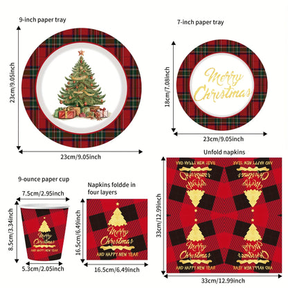 Christmas-themed tableware set with plaid designs and text on plates, cups, and napkins.