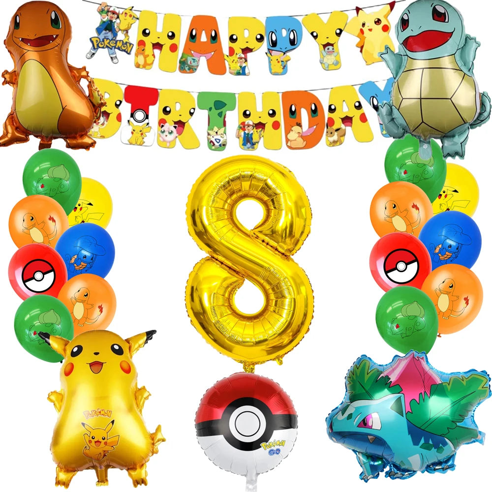 Collection of colorful balloons with Pokémon and a 'Happy Birthday' banner, featuring the number 8 with a white background.