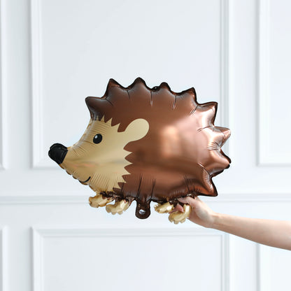 Hedgehog-shaped balloon held against a white paneled background