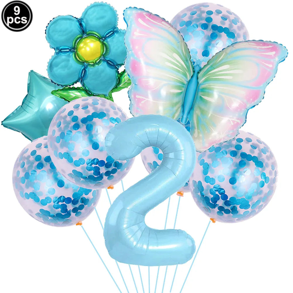 Set of colorful balloons including a butterfly, number '2', and floral design on a white background.