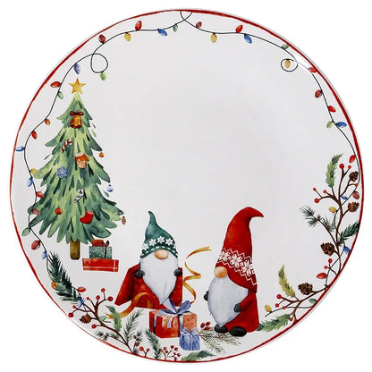 Decorative plate with Christmas-themed design featuring gnomes, a tree, and presents.