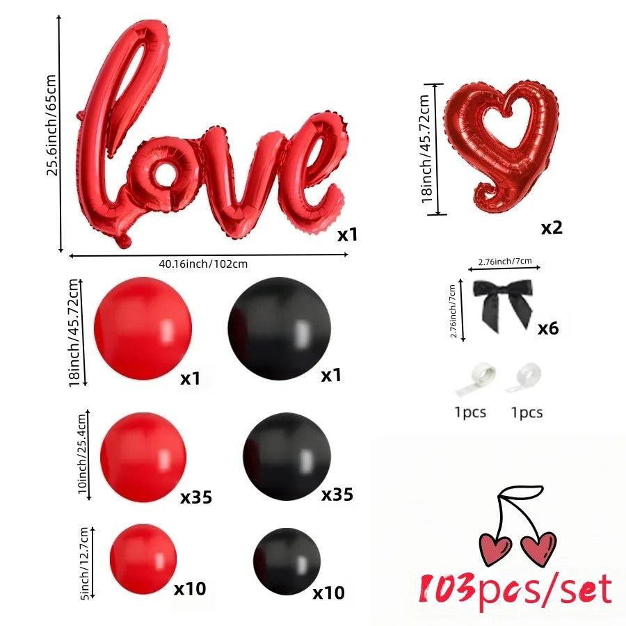 Set of red and black balloons with measurements and quantities on a white background