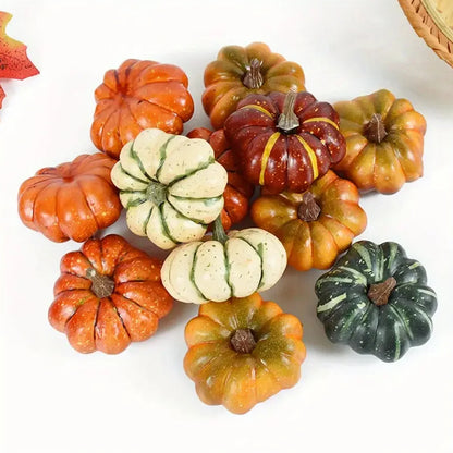 Assorted small pumpkins in various colors on a white background