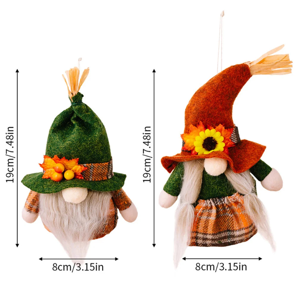 Two decorative gnomes with autumn-themed hats and decorations, shown with measurements on a white background.