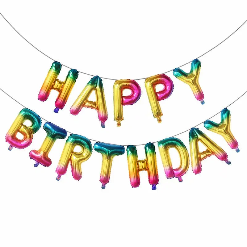 Colorful 'Happy Birthday' balloon banner on a white background