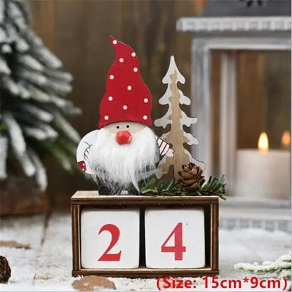 Christmas gnome with a red hat and white beard on a wooden block with '24' displayed, surrounded by festive decorations.