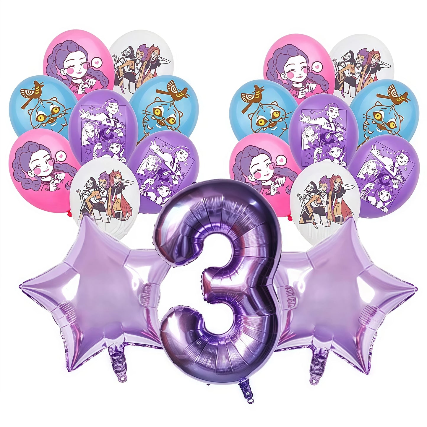 Set of balloons with kpop demon hunters characters and a purple number 3 balloon on a white background