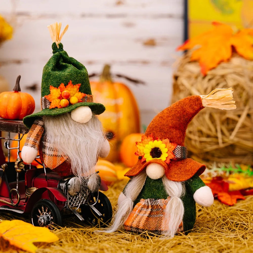 Two festive gnomes with autumn-themed hats and scarves on a rustic background with pumpkins.