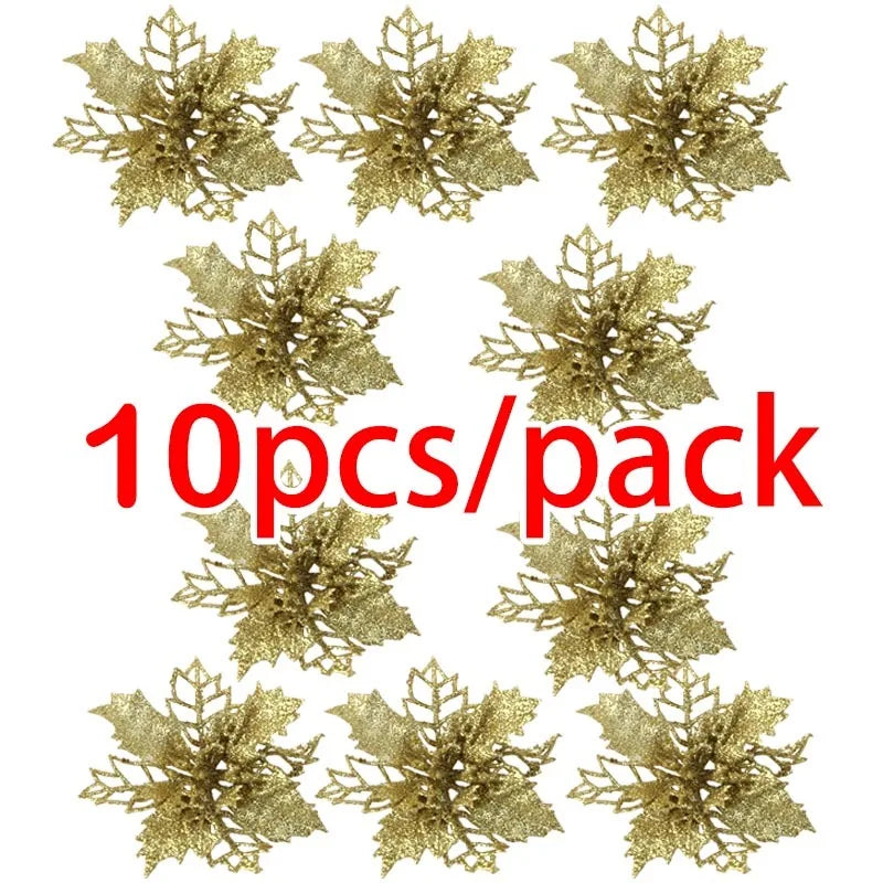 Gold glittery snowflakes with '10pcs/pack' text on a white background