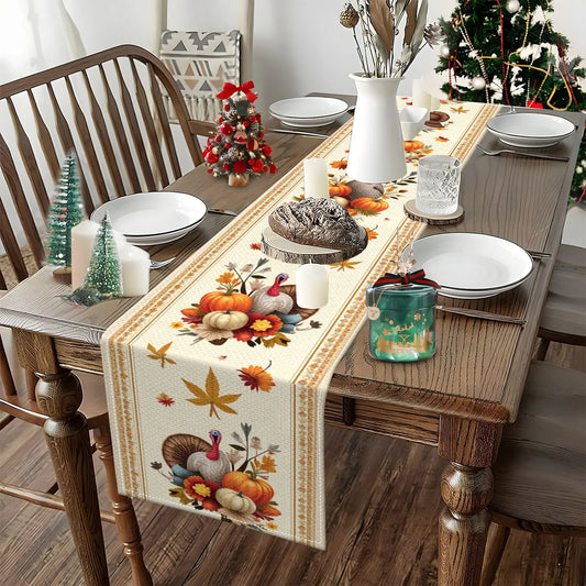 Dining table set with a festive table runner featuring turkeys and pumpkins, surrounded by Christmas decorations.