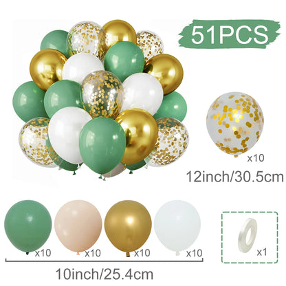 Set of balloons in green, gold, white, and pink with confetti on a white background.