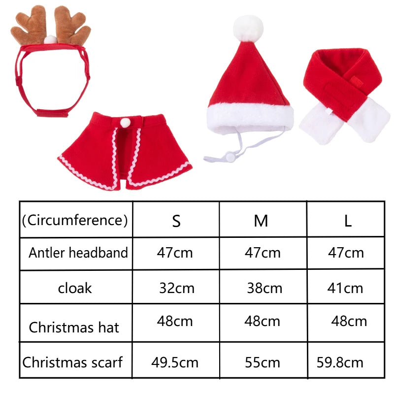Set of Christmas-themed accessories including a headband, cloak, hat, and scarf with size chart.