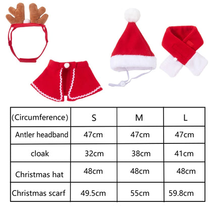 Set of Christmas-themed accessories including a headband, cloak, hat, and scarf with size chart.