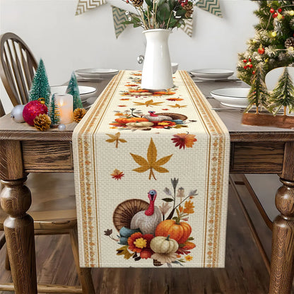 Dining table set with a Thanksgiving-themed table runner featuring pumpkins, turkeys, and leaves.