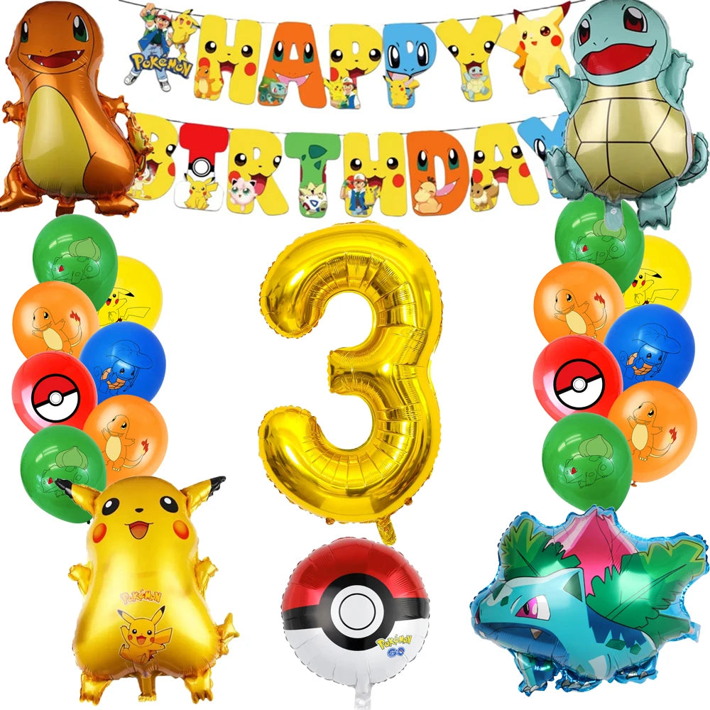 Birthday balloon set with Pokémon and Pikachu, number 3, and Poké Ball balloons, featuring a 'Happy Birthday' banner.