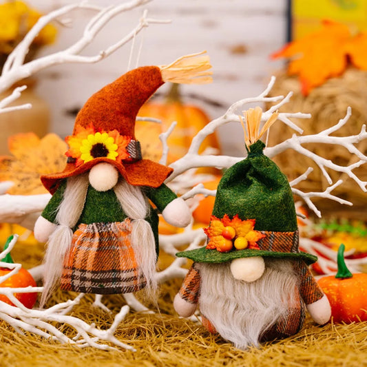 Two festive gnomes with autumn-themed hats and outfits on a decorative background.