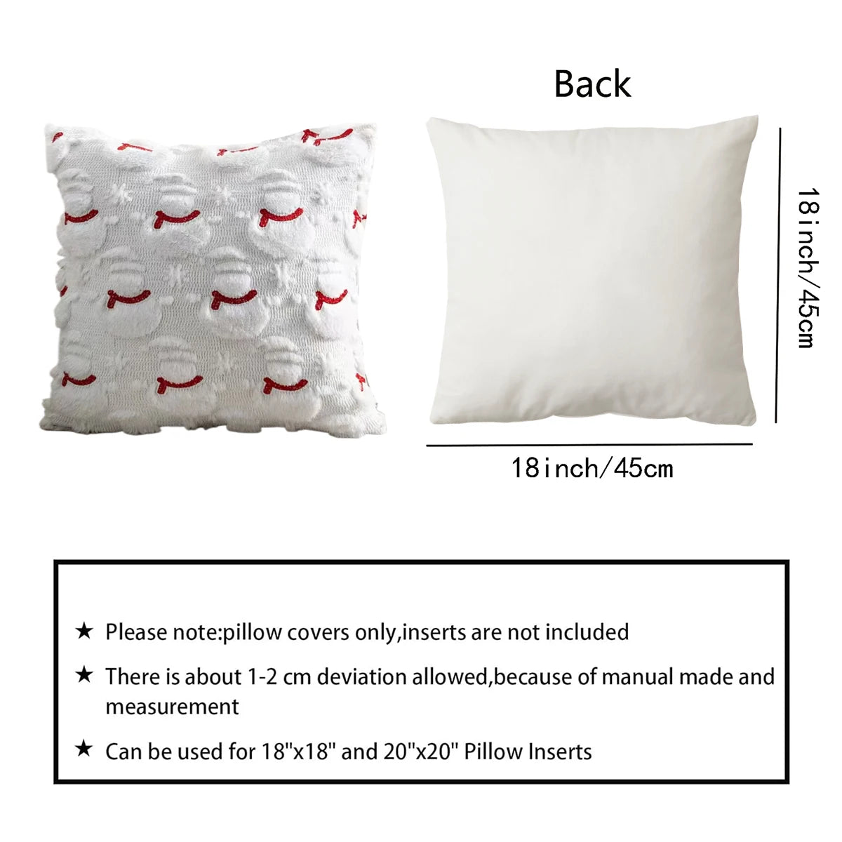 White pillow cover with red snowman pattern on one side and plain white on the other, with measurements and text about product details.
