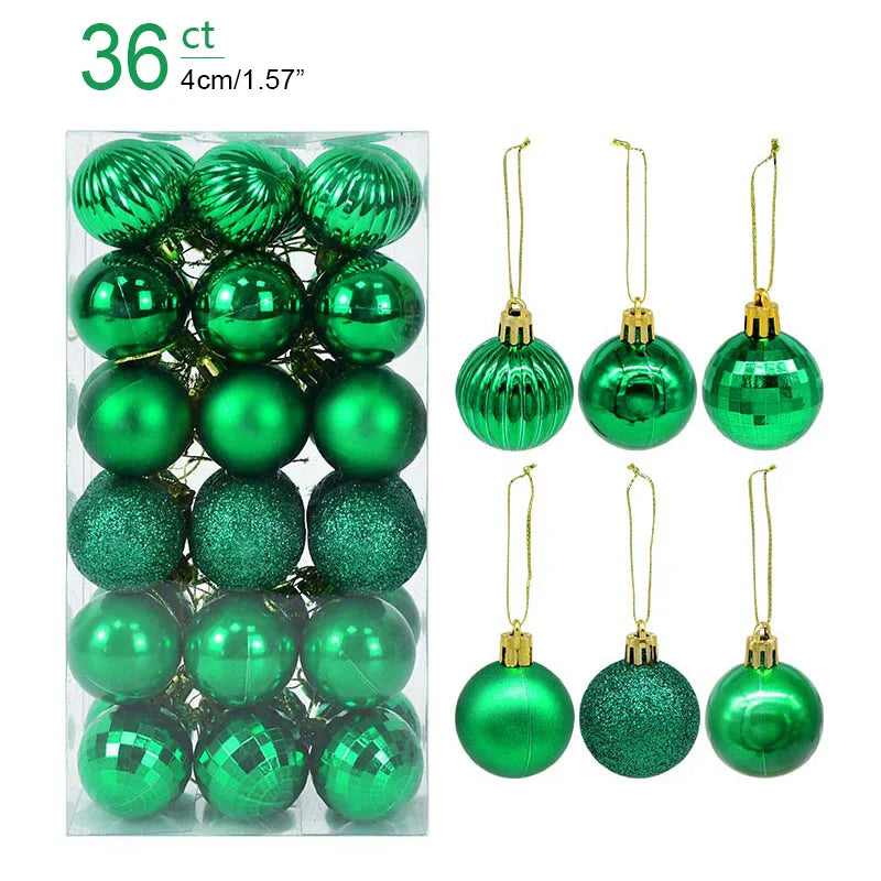 Green Christmas ornaments with gold hooks, including a close-up of individual ornaments and a package of 36 ornaments.