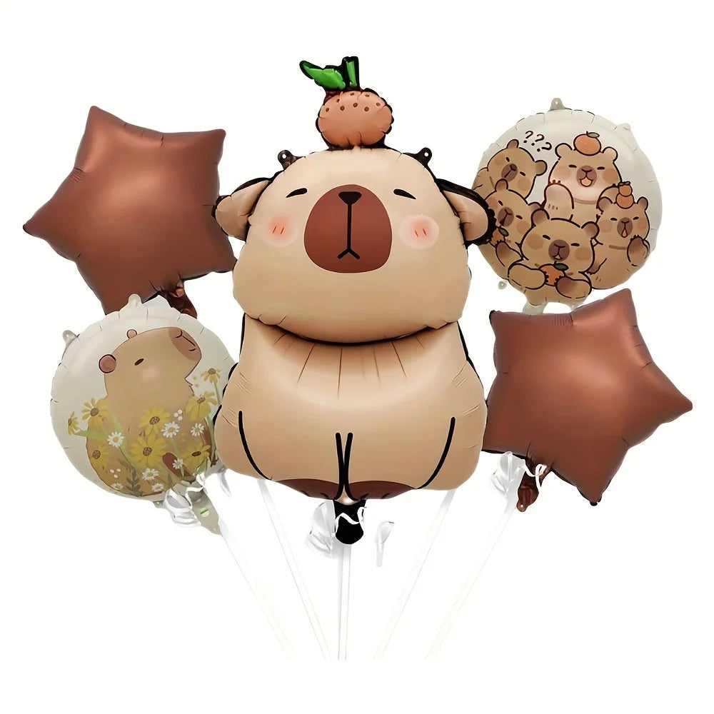 Various capybara-themed balloons and brown star balloons with a white background