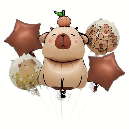 Various capybara-themed balloons and brown star balloons with a white background