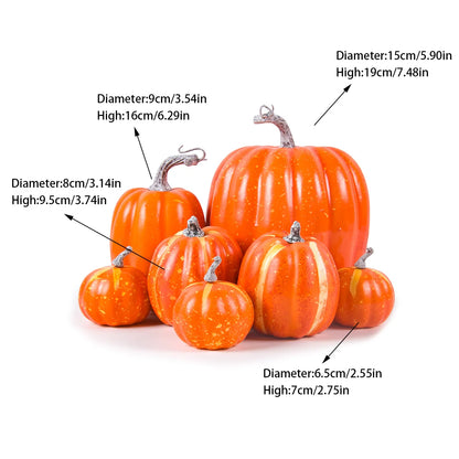 Set of decorative pumpkins with measurements indicated on a white background