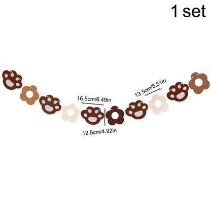 Decorative banner with paw prints and flowers, showing measurements on a white background.