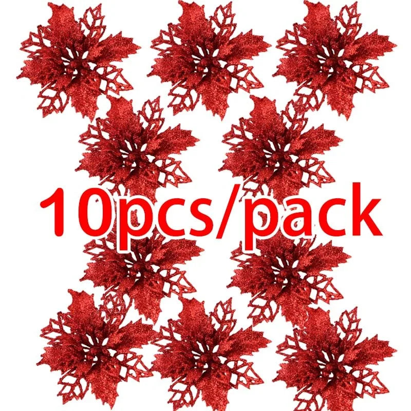 Red glittery poinsettia flowers with '10pcs/pack' text on a white background