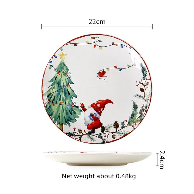 Ceramic plate with Christmas design featuring a gnome and tree, shown with measurements and weight information.