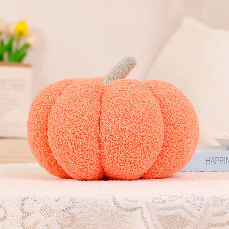 Fluffy orange pumpkin on a decorative surface with a blurred background